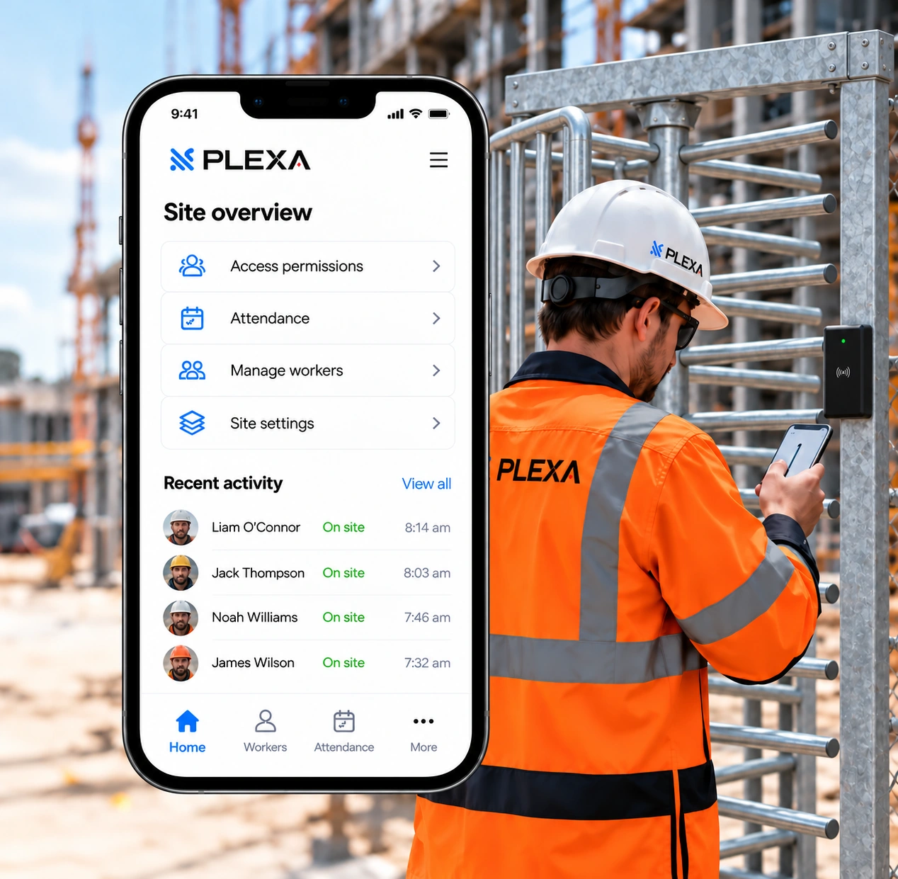 Illustrative PLEXA app site overview beside a worker at a turnstile