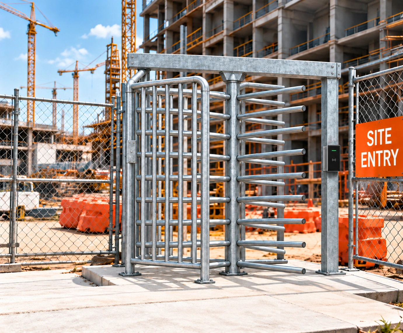 Galvanised construction site turnstile with narrow central top beam, rounded cage and black scanner on the right