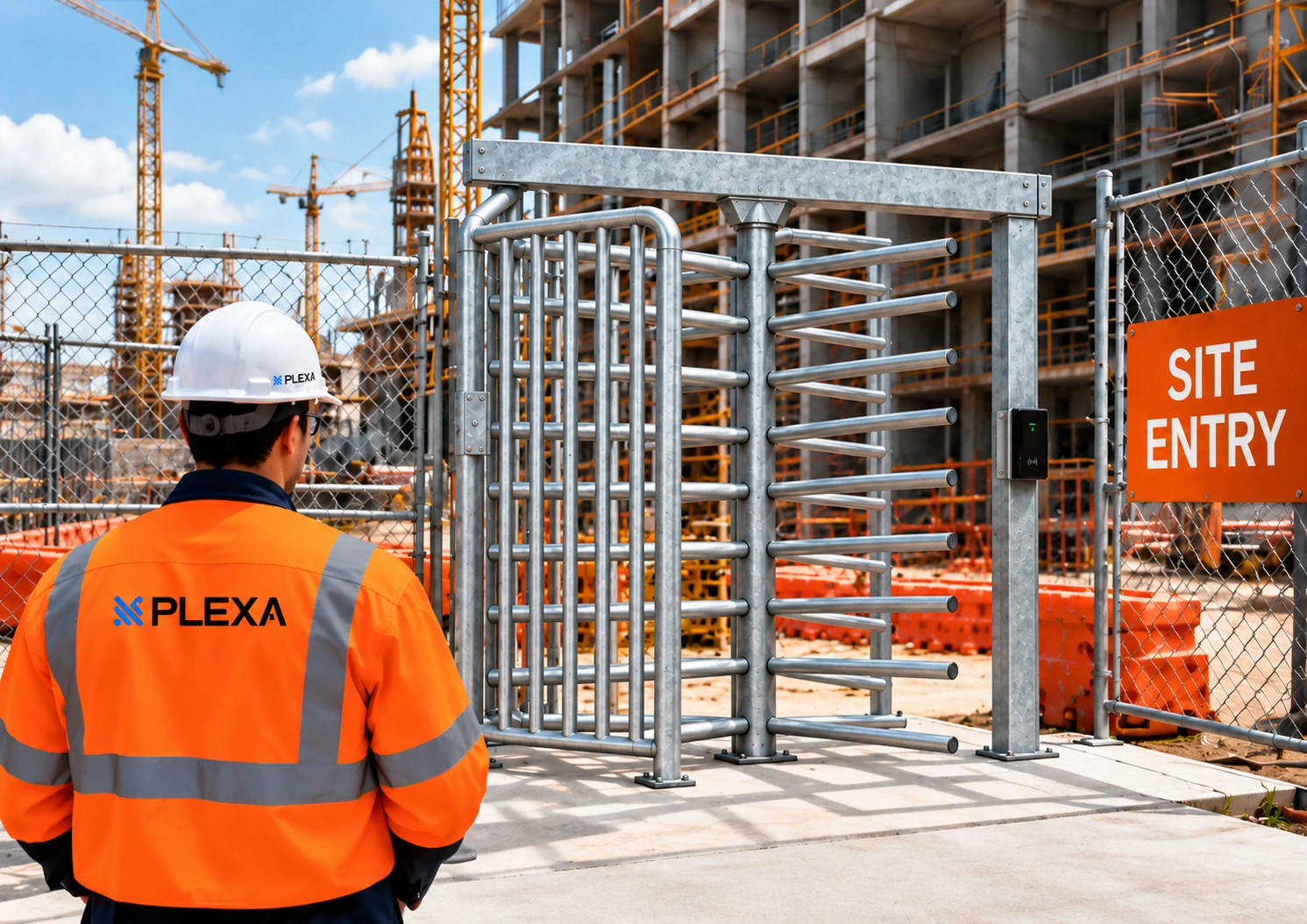 Illustrative PLEXA worker beside an unbranded turnstile with rounded left cage