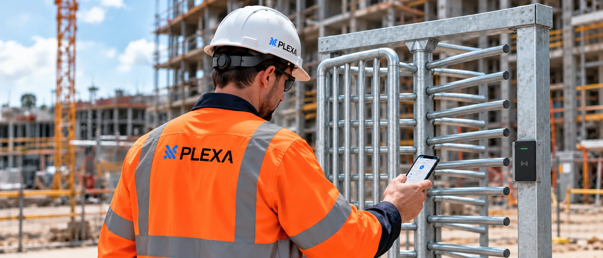 Illustrative PLEXA worker using the mobile app at a turnstile