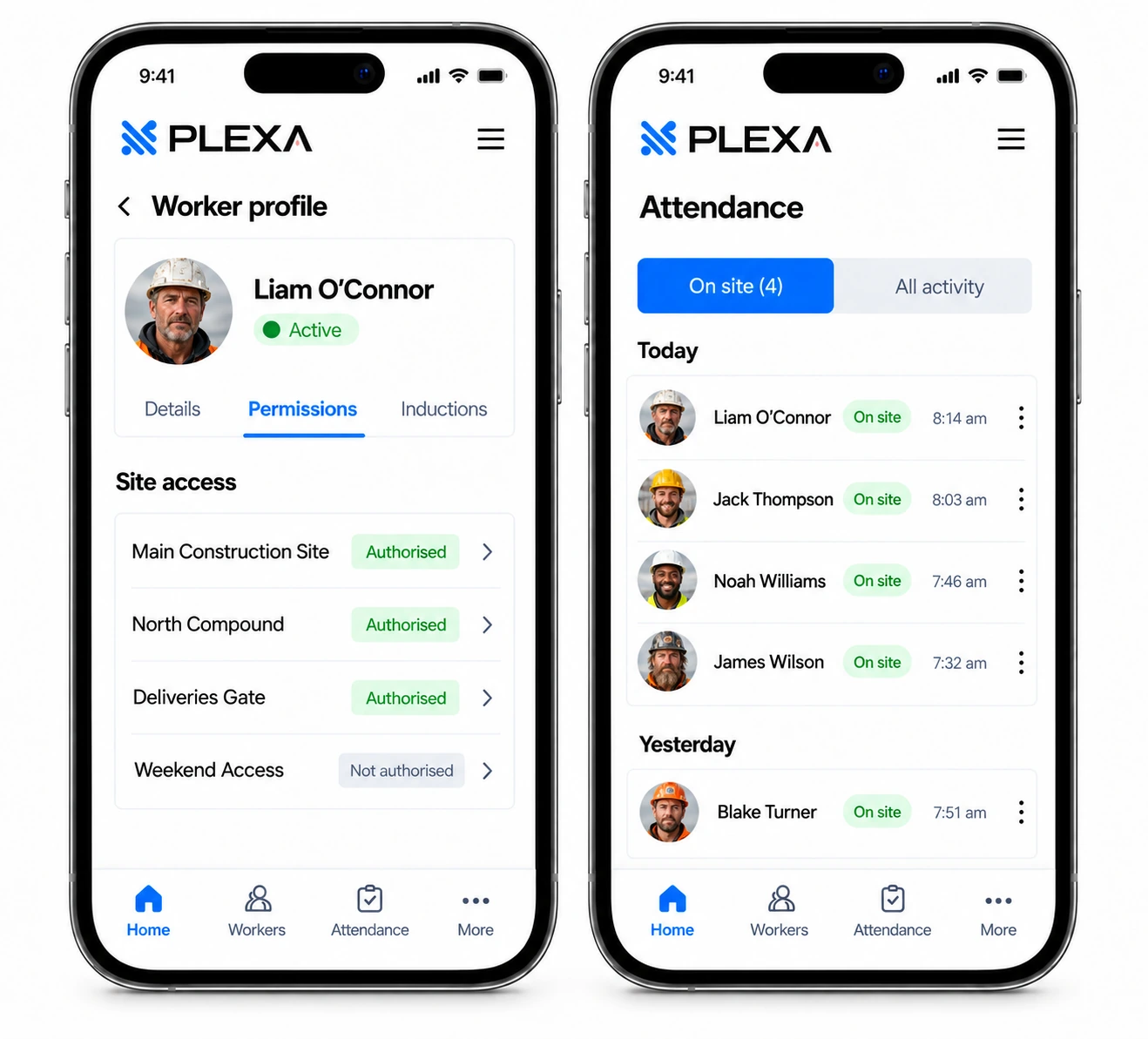 Illustrative PLEXA mobile app screens: worker profile and site attendance