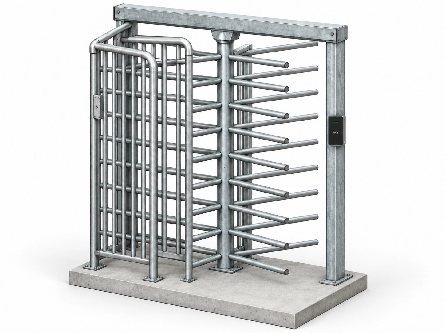 Galvanised full-height turnstile render with narrow central top housing and upright-bar left cage