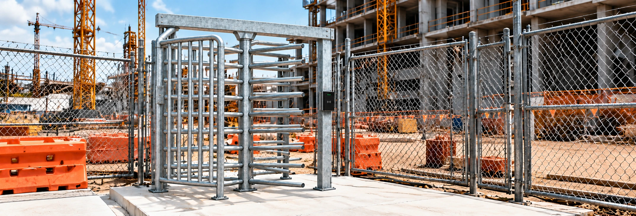 Illustrative PLEXA turnstile entrance on a concrete pad