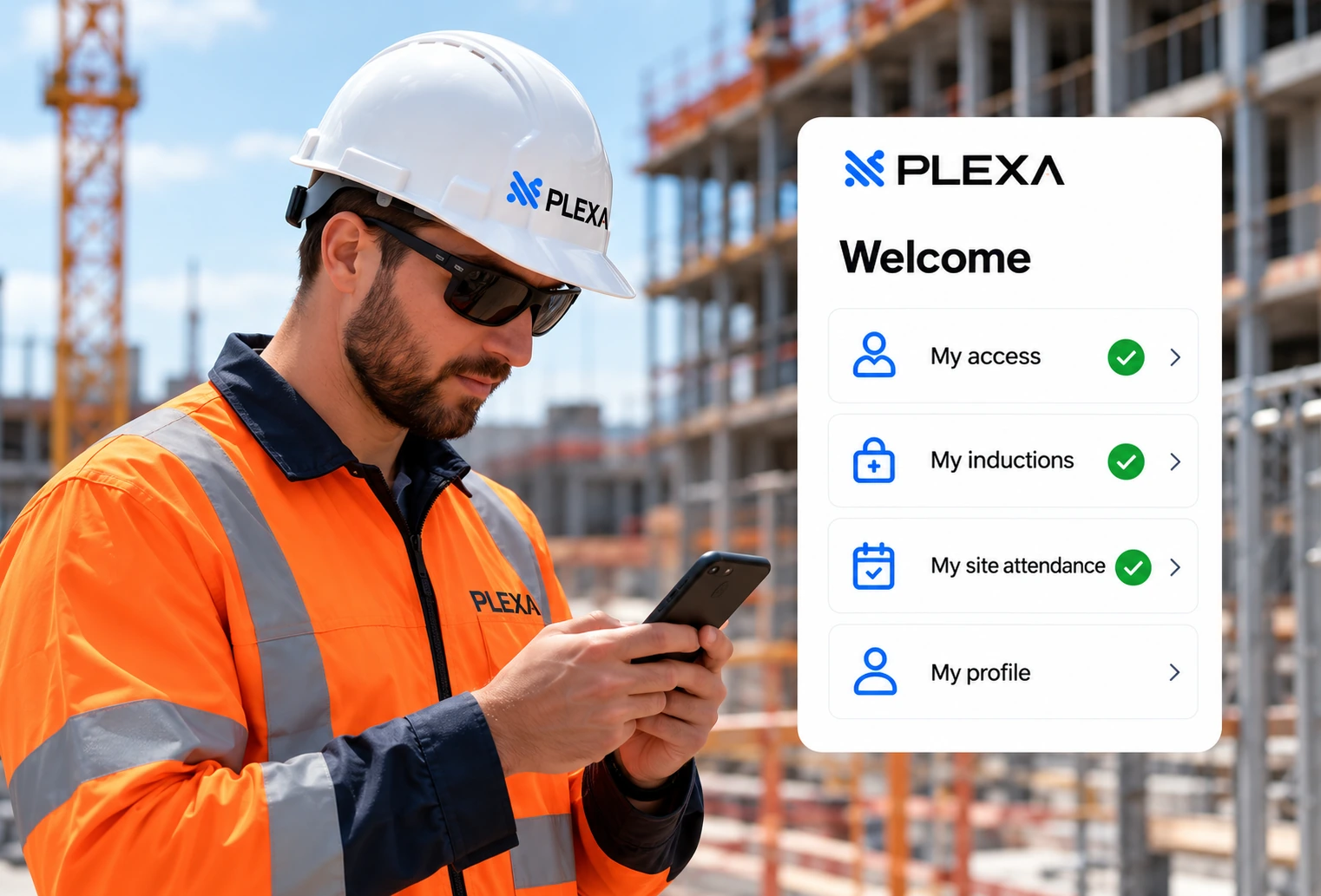 Illustrative PLEXA worker app and worker on a construction site