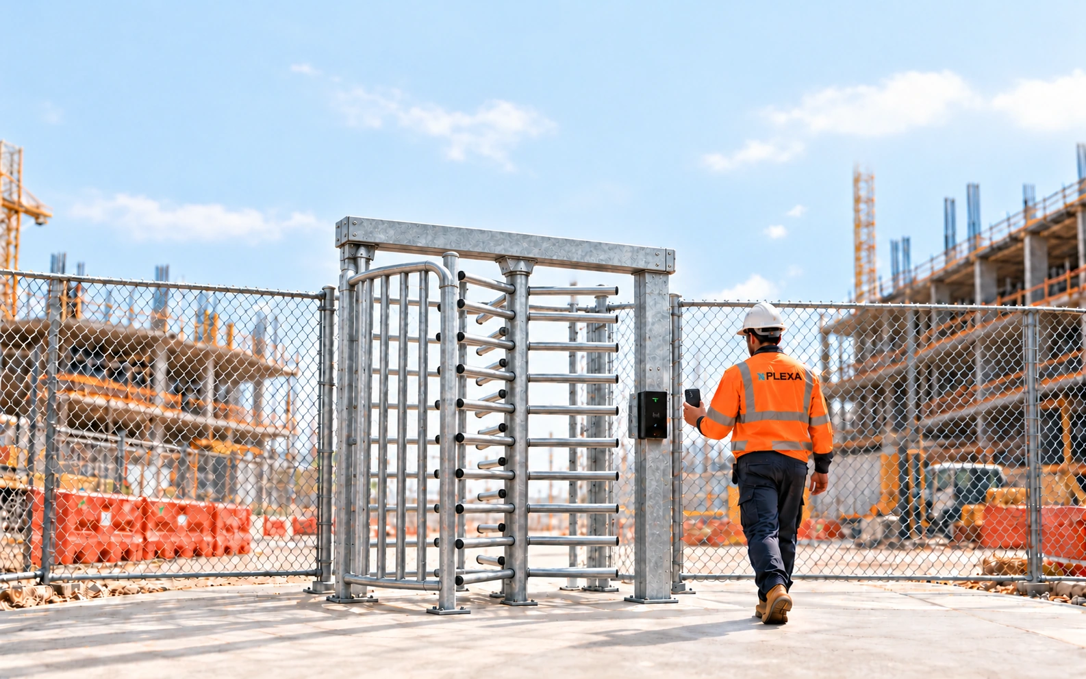 A worker approaches a galvanised full-height turnstile with a rounded cage, connected to wire fencing on both sides.